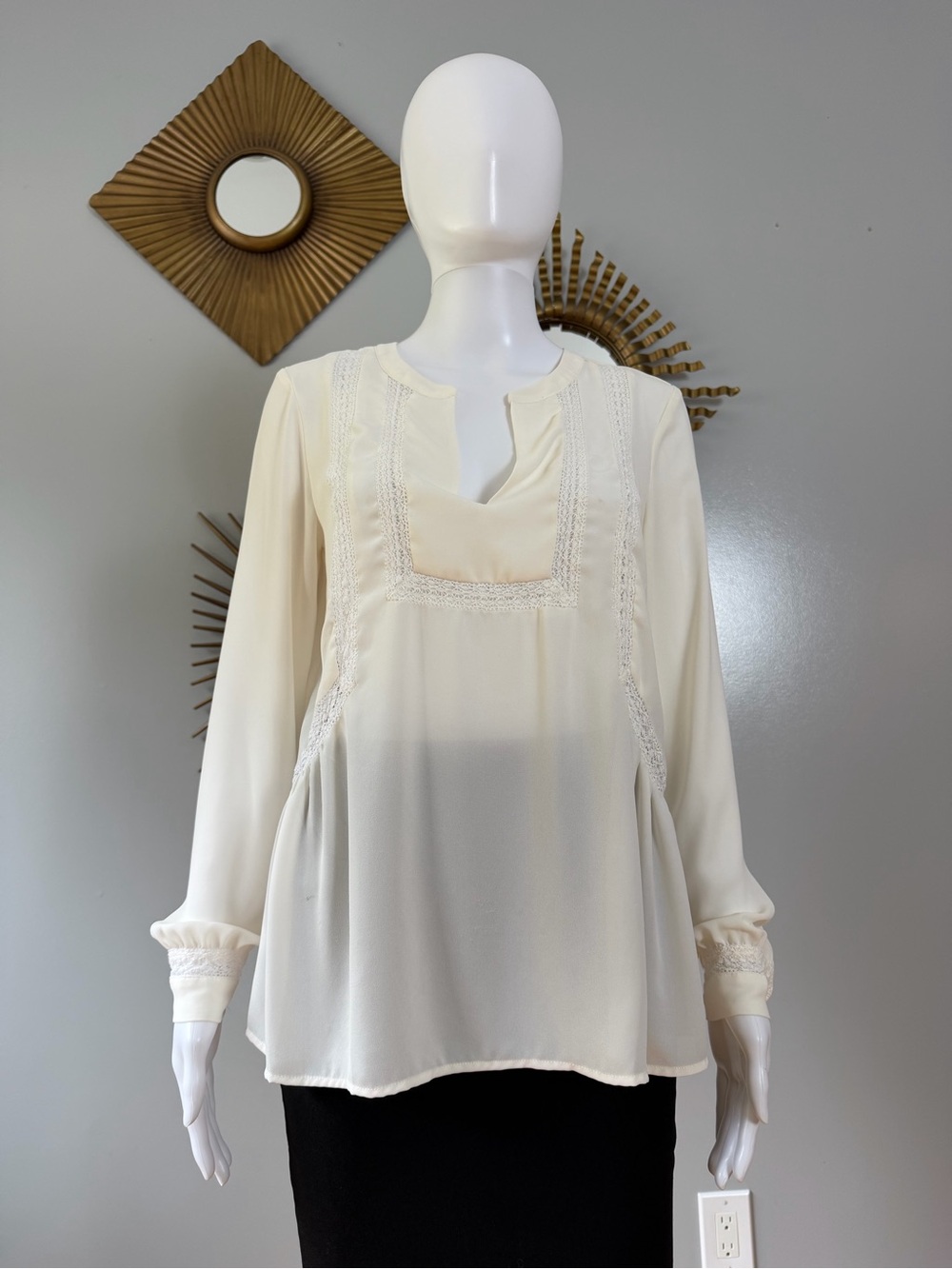 LOFT Cream Lace-Trim Long-Sleeve Peasant Blouse